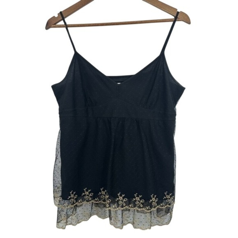 Vintage Y2K Babydoll Sheer Black Gold Cami Top Gold Lace Trim Sleeveless Tank‎